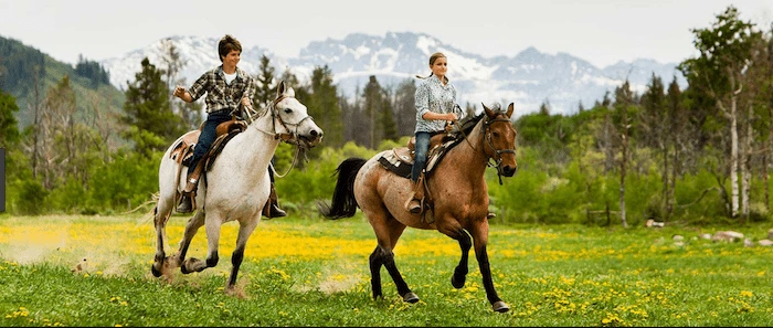 Confident plus-size woman riding Oxfordshire a horse through a field with a smile on her face.